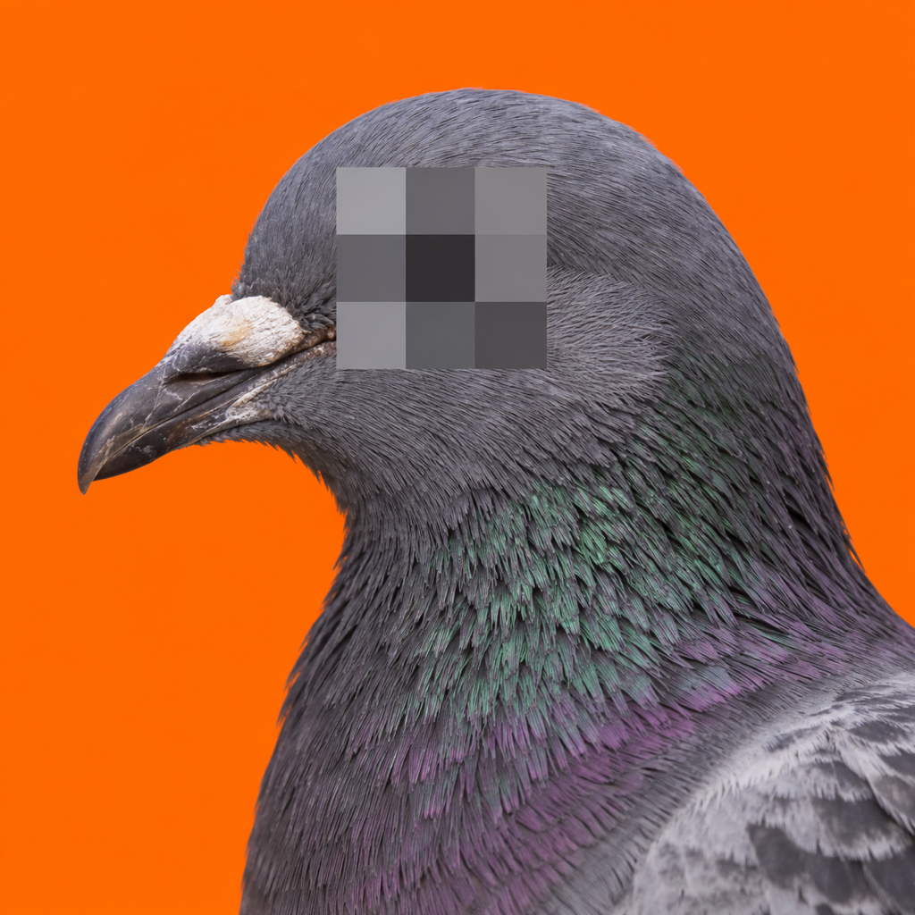 A gray city pigeon in side profile, its eye and face concealed by a chunky three by three mosaic, on orange.